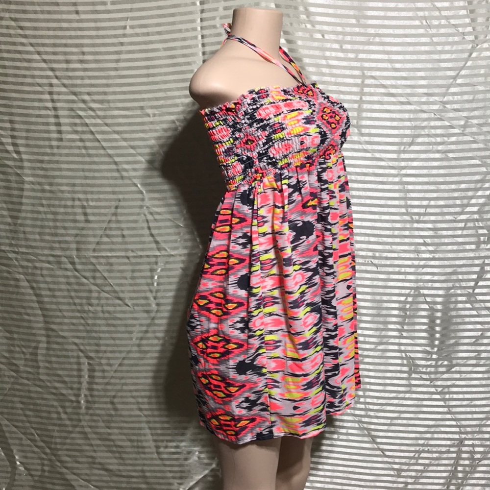 🌅 Vintage Y2K Spring Break Neon Sunset Ruched Halter Mini Day Dress Shirt